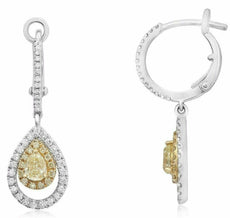 1.36CT WHITE & FANCY YELLOW DIAMOND 18KT 2 TONE GOLD LEVERBACK HANGING EARRINGS