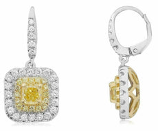 LARGE 2.49CT WHITE & FANCY YELLOW DIAMOND 18KT 2 TONE GOLD 3D LEVERBACK EARRINGS