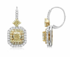 LARGE 5.44CT WHITE & FANCY YELLOW DIAMOND 18KT 2 TONE GOLD HALO HANGING EARRINGS