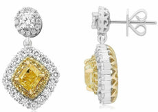 GIA 3.98CT WHITE & FANCY YELLOW DIAMOND 18KT 2 TONE GOLD SQUARE FLOWER EARRINGS