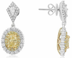 GIA 3.87CT WHITE & FANCY YELLOW DIAMOND 18KT TWO TONE GOLD OVAL HANGING EARRINGS