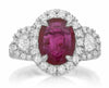 GIA CERTIFIED 3.89CT DIAMOND & AAA RUBY PLATINUM 3D 3 STONE HALO ENGAGEMENT RING