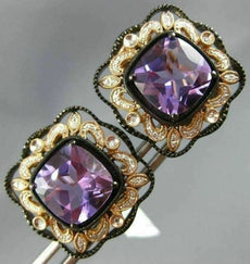 LARGE 7.90CT DIAMOND & AAA AMETHYST 14K WHITE ROSE & BLACK GOLD CLIP ON EARRINGS
