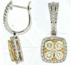 LARGE 2.78CT WHITE & FANCY YELLOW DIAMOND 14K WHITE GOLD FLOWER HANGING EARRINGS