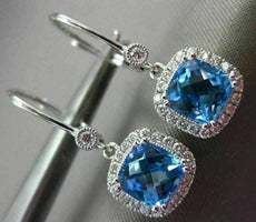 3.04CT DIAMOND & AAA BLUE TOPAZ 14KT WHITE GOLD HALO LEVERBACK HANGING EARRINGS