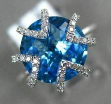 4.92CT DIAMOND & AAA ROUND BLUE TOPAZ 14KT WHITE GOLD TRIANGULAR FLOWER FUN RING