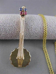 ANTIQUE LARGE RUBY SAPPHIRE BANJO GUITAR 14K YELLOW GOLD FILIGREE PENDANT #20852