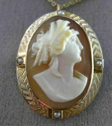ANTIQUE AAA PEARL 14KT ROSE GOLD 3D HANDCRAFTED LADY CAMEO PENDANT BROOCH #25483