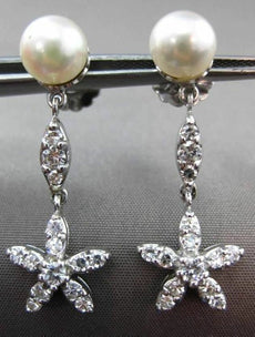 ANTIQUE .80CT DIAMOND 14K WHITE GOLD & PEARL FLOWER STAR HANGING EARRINGS #23357