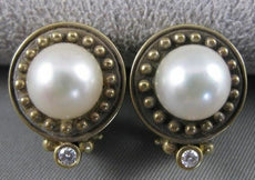 ANTIQUE 8MM SEA PEARL DIAMOND 14K YELLOW GOLD ROUND FILIGREE EARRINGS #17204