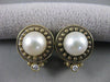 ANTIQUE 8MM SEA PEARL DIAMOND 14K YELLOW GOLD ROUND FILIGREE EARRINGS #17204