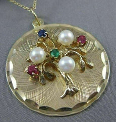 ANTIQUE LARGE AAA PEARL & MULTI GEM 14KT YELLOW GOLD TREE OF LIFE PENDANT #22526