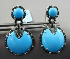 ANTIQUE LARGE 13.1CT MULTI COLOR DIAMOND & AAA TURQUOISE 14K WHITE GOLD EARRINGS