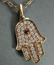 ANTIQUE .62CT DIAMOND & AAA RUBY 18K ROSE GOLD FLOATING HAMSA LUCKY HAND PENDANT