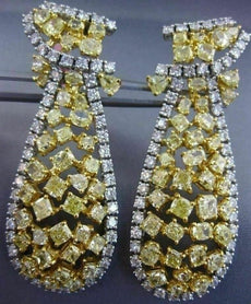 LARGE WHITE & INTENSE FANCY YELLOW DIAMOND 18K TWO TONE GOLD 3D HANGING EARRINGS