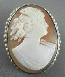 ANTIQUE 14K WHITE HAND CARVED LADY SHELL CAMEO W/ SOUTH SEA PEARLS PENDANT #2093
