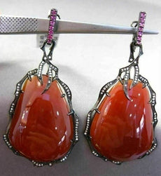 ANTIQUE MASSIVE 71.2CT DIAMOND SAPPHIRE AGATE 14K BLACK GOLD 3D HANGING EARRINGS
