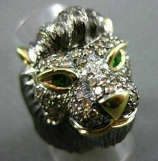 ANTIQUE LARGE 2.39CT COLOR DIAMOND & EMERALD 18KT YELLOW & BLACK GOLD LION RING