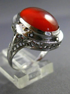 ANTIQUE 14KT WHITE GOLD HANDCRAFTED ORANGE BROWN AGATE OPEN FILIGREE RING #25394