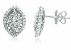 LARGE .87CT ROUND & MARQUISE DIAMOND 14K WHITE GOLD TEAR DROP HALO STUD EARRINGS