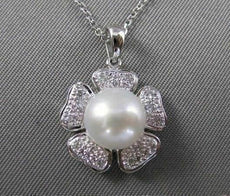 ANTIQUE DIAMOND 8MM SEA PEARL FLOWER 14K WHITE GOLD PENDANT