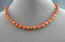 ANTIQUE LONG 14KT YELLOW GOLD BEAD 3D AAA PINK CORAL FILIGREE NECKLACE #25473