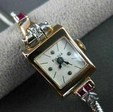 ANTIQUE .58CT OLD MINE DIAMOND AAA RUBY 14K WHITE & ROSE GOLD BLOVA WATCH #22618