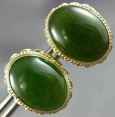 ANTIQUE LARGE & AAA JADE 14KT YELLOW GOLD 3D OVAL FILIGREE STUD EARRINGS #26105