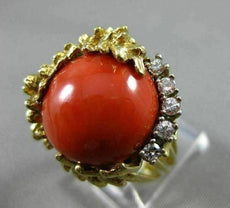ANTIQUE LARGE .20CT DIAMOND & AAA CORAL 14K 2 TONE GOLD ROUND FLOWER RING #21861