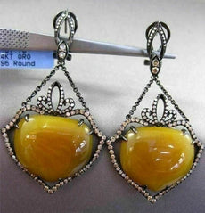 ANTIQUE MASSIVE 39.38CT DIAMOND & AGATE 14K BLACK GOLD FILIGREE HANGING EARRINGS