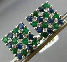 LARGE 3.05CT DIAMOND & AAA SAPPHIRE & EMERALD 14KT WHITE GOLD 3D SQUARE EARRINGS
