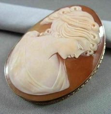 ANTIQUE 14K YELLOW GOLD LADY SHELL CAMEO 54MM X 40MM PENDANT PIN #21879