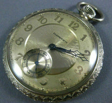 ANTIQUE LARGE HAMPDEN 14KT WHITE GOLD FILLED ROUND FILIGREE POCKET WATCH #26634