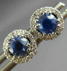 ESTATE 1.18CT DIAMOND & AAA SAPPHIRE 18KT WHITE GOLD 3D ROUND HALO STUD EARRINGS