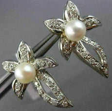 LARGE .50CT DIAMOND & AAA SOUTH SEA PEARL 14K WHITE GOLD 3D FLOWER LEAF EARRINGS
