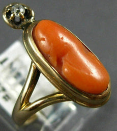 ANTIQUE WIDE .03CT DIAMOND & AAA CORAL 14KT YELLOW GOLD 3D PORTRAIT RING #22349