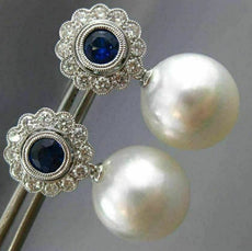 ESTATE 1.55CT DIAMOND AAA SAPPHIRE & SOUTH SEA PEARL 18KT WHITE GOLD 3D EARRINGS
