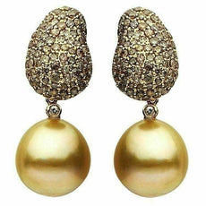 ESTATE LARGE 2.50CT MOCHA DIAMOND & AAA SOUTH SEA PEARL 18K YELLOW GOLD EARRINGS