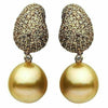 ESTATE LARGE 2.50CT MOCHA DIAMOND & AAA SOUTH SEA PEARL 18K YELLOW GOLD EARRINGS