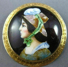 ANTIQUE LARGE MULTI COLOR ENAMEL 14KT YELLOW GOLD 3D VICTORIAN LADY BROOCH PIN