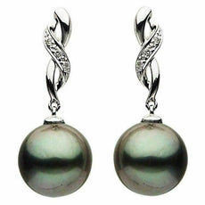 ESTATE .06CT DIAMOND & AAA TAHITIAN PEARL 14K WHITE GOLD SWIRL HANGING EARRINGS
