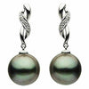ESTATE .06CT DIAMOND & AAA TAHITIAN PEARL 14K WHITE GOLD SWIRL HANGING EARRINGS