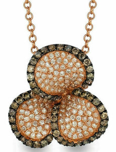 .83CT WHITE & CHOCOLATE FANCY DIAMOND 14K ROSE GOLD 3D THREE LEAF CLOVER PENDANT