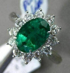 ANTIQUE LARGE 2.14CT DIAMOND & AAA COLOMBIAN EMERALD PLATINUM CLUSTER OVAL RING