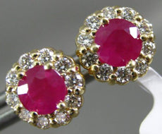 ESTATE 1.30CT DIAMOND & AAA RUBY 14K YELLOW GOLD ROUND HALO FLOWER STUD EARRINGS