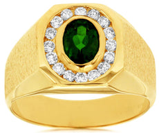1.37CT DIAMOND & AAA GREEN GARNET 14KT YELLOW GOLD BEZEL MATTE & SHINY MENS RING