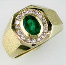 1.17CT DIAMOND & AAA EMERALD 14KT YELLOW GOLD 3D MATTE & SHINY OCTAGON MENS RING