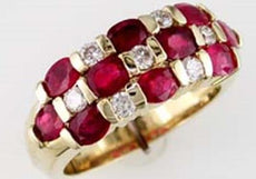 2.52CT DIAMOND & AAA RUBY 14KT YELLOW GOLD ROUND & OVAL 3 ROW ANNIVERSARY RING