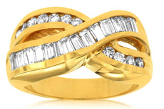 .97CT DIAMOND 14KT YELLOW GOLD ROUND & BAGUETTE CRISS CROSS INFINITY LOVE RING