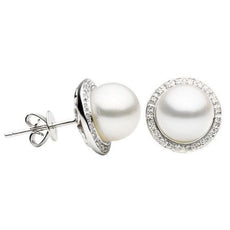 ESTATE .10CT DIAMOND & AAA PEARL 14KT WHITE GOLD 3D CLASSIC HALO STUD EARRINGS